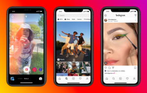 Three screenshots of Instagram Reels on phones are featured. From left to right: a woman mists perfume while recording a hands-free Reels, three men appear dancing in a Reels on the top of the Discover page, a woman's posted Reels is a close up of her applying eyeliner.