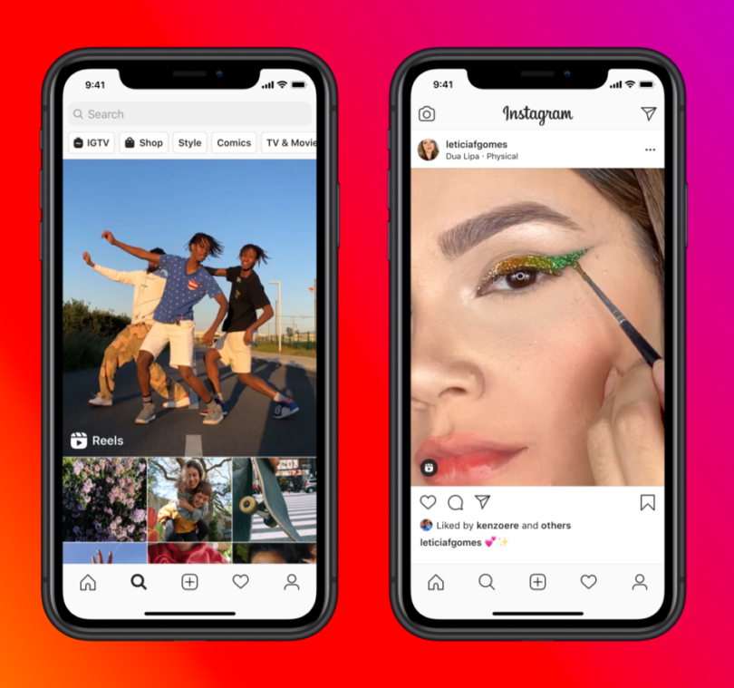 Two screenshots of Instagram Reels on phones are featured. From left to right: three men appear dancing in a Reels on the top of the Discover page, a woman's posted Reels is a close up of her applying eyeliner.