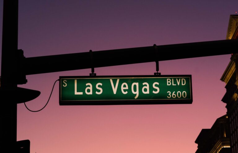las vegas boulevard sign in dark sunset