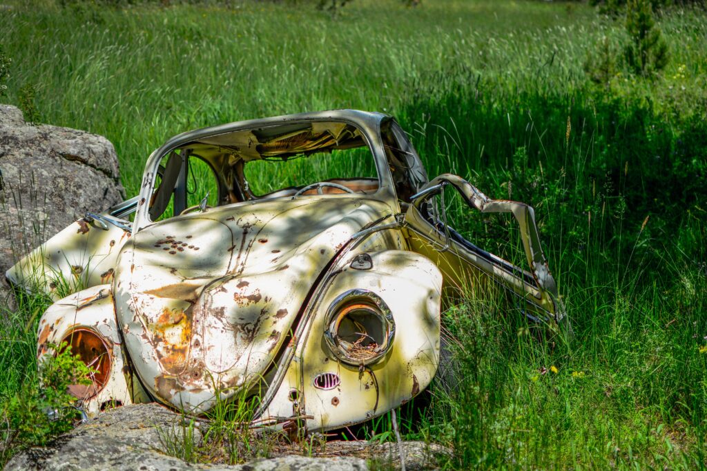 A rusted and abandoned Volkswagen Beetle in a field